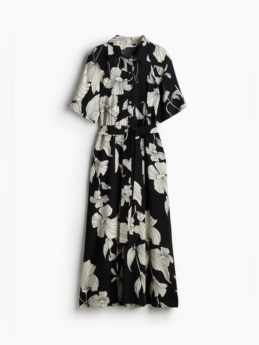 H&M Black Maxi Shirt Dress with White Floral Print